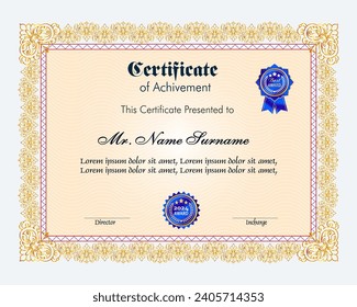 Certificate of achievement template set with gold badge and border, Appreciation and Achievement Certificate Template Design. 
