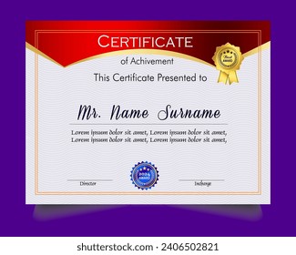 Conjunto de plantillas de certificados de rendimiento con distintivo de oro y borde, certificado de reconocimiento y logro 