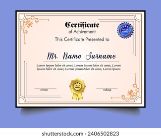 Certificate of achievement template set with gold badge and border, Appreciation and Achievement Certificate 