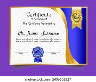 Certificate of achievement template set with gold badge and border, Appreciation and Achievement Certificate 