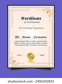Certificate of achievement template set with gold badge and border, Appreciation and Achievement Certificate 
