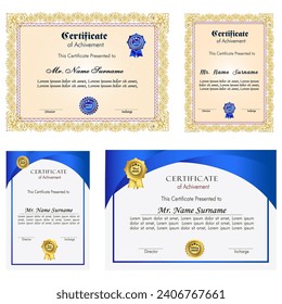 Certificate of achievement template set with gold badge and border, Appreciation and Achievement Certificate Template Design. Elegant diploma certificate template