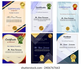 Certificate of achievement template set with gold badge and border, Appreciation and Achievement Certificate Template Design. Elegant diploma certificate template