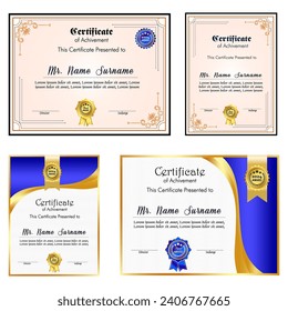 Conjunto de plantillas de certificado de logro con distintivo de oro y borde, diseño de plantillas de certificado de reconocimiento y logro. Plantilla de certificado de diploma elegante