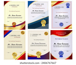 Certificate of achievement template set with gold badge and border, Appreciation and Achievement Certificate Template Design. Elegant diploma certificate template