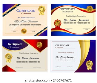 Certificate of achievement template set with gold badge and border, Appreciation and Achievement Certificate Template Design. Elegant diploma certificate template