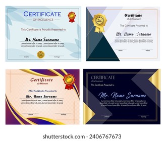 Certificate of achievement template set with gold badge and border, Appreciation and Achievement Certificate Template Design. Elegant diploma certificate template