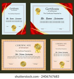 Conjunto de plantillas de certificado de logro con distintivo de oro y borde, diseño de plantillas de certificado de reconocimiento y logro. Plantilla de certificado de diploma elegante