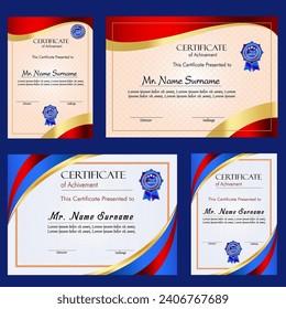 Conjunto de plantillas de certificado de logro con distintivo de oro y borde, diseño de plantillas de certificado de reconocimiento y logro. Plantilla de certificado de diploma elegante