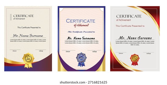 Certificado de logro Conjunto de Plantilla con insignia de oro, premio elegante, diploma y reconocimiento Colección de diseño.