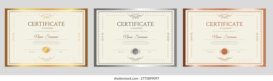 Certificate of achievement template set with gold, silver and bronze borders. Horizontal orientation, professional elegant style for diploma, award and recognition documents. Vector graphic.