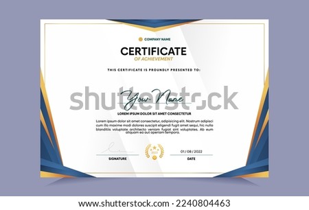 Certificate of achievement template set with gold badge. For award, business, and education needs. Vector Illustration