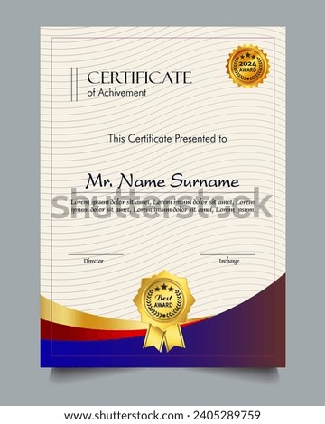 Certificate of achievement template set with gold badge and border, Appreciation and Achievement Certificate Template Design. Elegant diploma certificate template