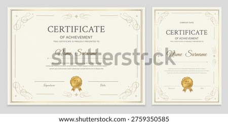 Certificate of achievement template set with horizontal and vertical layouts. Elegant gold border and award seal design. Vector illustration for diploma graduation and professional recognition.