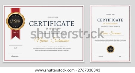 Certificate of achievement template set with horizontal and vertical layouts. Elegant classic style with maroon and gold borders for professional awards, diplomas and recognition.
