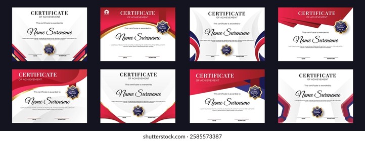 Certificate of achievement template set. Red and Gold Background collection set. Award diploma design blank. Vector