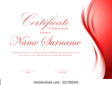 Certificate of achievement template with smoky red dynamic wavy soft background. Vector illustration