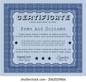 Certificate of achievement template.  Sophisticated design.  With quality background.  Customizable, Easy to edit and change colors.  Blue color.