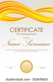 Certificate of achievement template with square mosaic surface, orange wavy dynamic background and gold seal. Vector illustration
