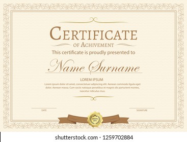 Certificate of achievement template in vector with applied Thai line in yellow gold tone - Vector 