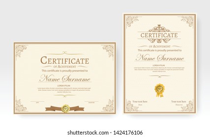 Certificate of achievement template in vector with applied Thai line in yellow gold tone - Vector 