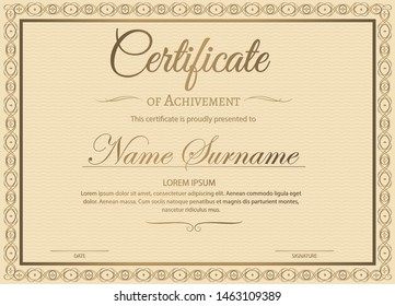 Certificate of achievement template in vector with applied Thai line in yellow gold tone - Vector 