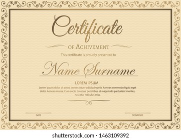 Certificate of achievement template in vector with applied Thai line in yellow gold tone - Vector 