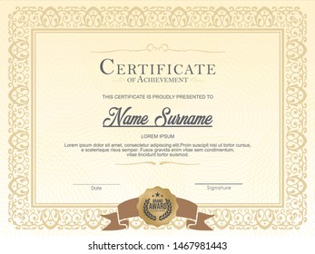 Certificate of achievement template in vector with applied Thai line in yellow gold tone - Vector 