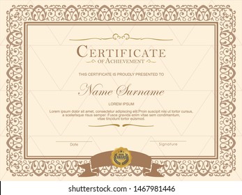 Certificate of achievement template in vector with applied Thai line in yellow gold tone - Vector 