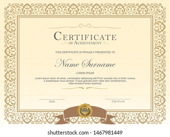 Certificate of achievement template in vector with applied Thai line in yellow gold tone - Vector 