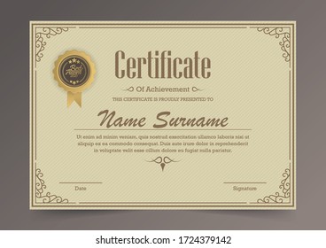 Certificate of achievement template in vector with applied Thai line in yellow gold tone - Vector	