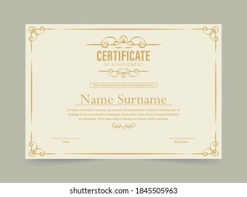 Certificate of achievement template in vector with applied Thai line in yellow gold tone