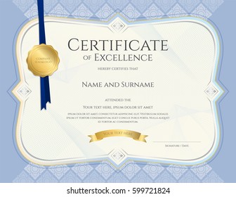 Certificate of achievement template in vector with applied Thai art background, blue color