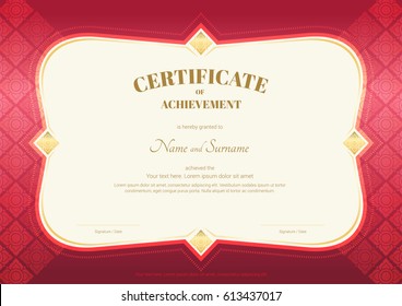 Certificate of achievement template in vector with applied Thai art background, red color
