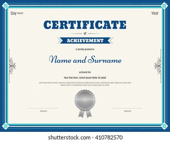 Certificate of achievement template in vector blue theme