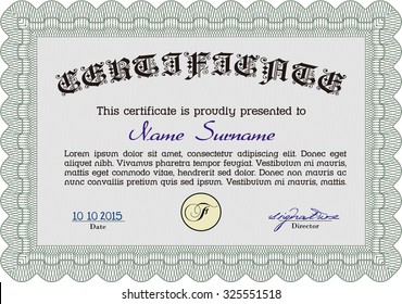Certificate of achievement template. Vector illustration.With guilloche pattern. Superior design. 
