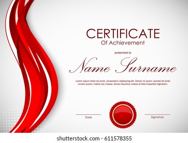 Certificate of achievement template with vivid red dynamic curved wavy background and seal. Vector illustration