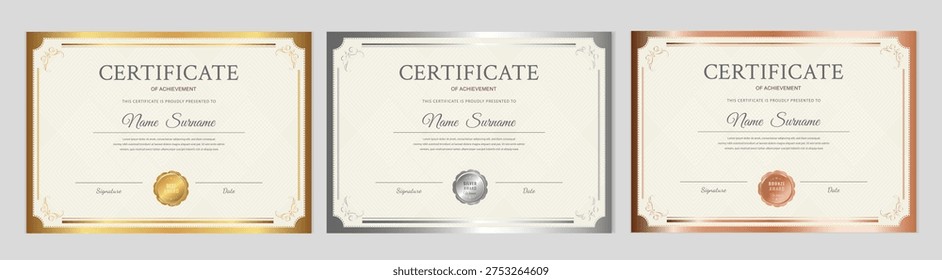 Certificate of achievement templates set. Gold, silver, and bronze horizontal diploma layouts with seals and elegant borders. Professional vector design for school and corporate awards.