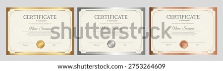 Certificate of achievement templates set. Gold, silver, and bronze horizontal diploma layouts with seals and elegant borders. Professional vector design for school and corporate awards.