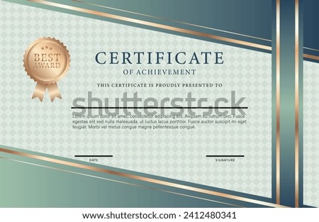 Certificate of Achievement. Vector certificate or diploma template in neutral green colors with a gold medal.