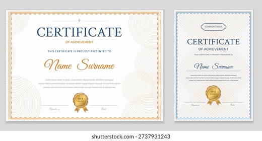 Certificate of achievement, vector editable diploma template in white-gold and blue color scheme, print and web format, portrait and landscape, ornamental frame, classic professional design for awards.