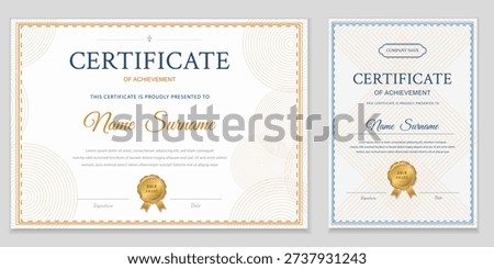 Certificate of achievement, vector editable diploma template in white-gold and blue color scheme, print and web format, portrait and landscape, ornamental frame, classic professional design for awards.