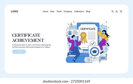Certificado de Ilustración vectorial de logros con dos personas alegres que celebran el éxito. Presenta símbolos de certificado, estrella y académicos en un diseño moderno de página web para temas educativos.
