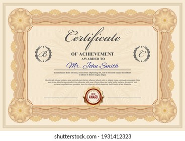 Certificate of achievement vector template, diploma border ornate design. Official award frame, paper document for winner appreciation or graduation with golden stamp and place for name and surname