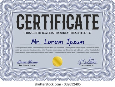 Certificate of achievement. Vector certificate template. Retro design. With complex linear background. Blue color.