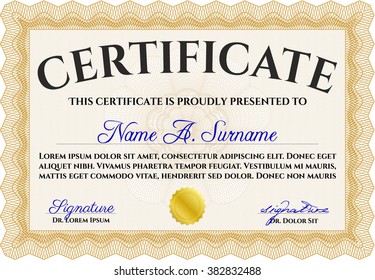 Certificate of achievement. Vector certificate template. Retro design. With complex linear background. Orange color.