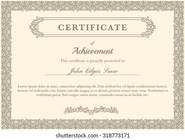 Certificate of achievement with vintage flourish elements. Detailed design elements. Decorative frame.