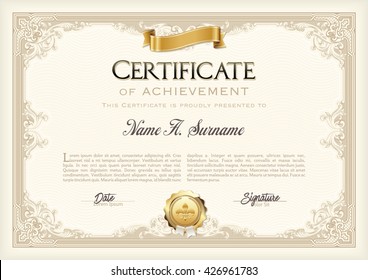 Certificate of Achievement Vintage Frame with Gold Ribbon. Landscape.
