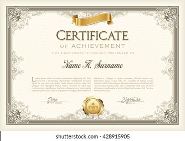 Certificate of Achievement Vintage Frame with Gold Ribbon. Landscape.