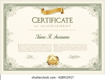 Certificate of Achievement Vintage Frame with Gold Ribbon. Landscape.